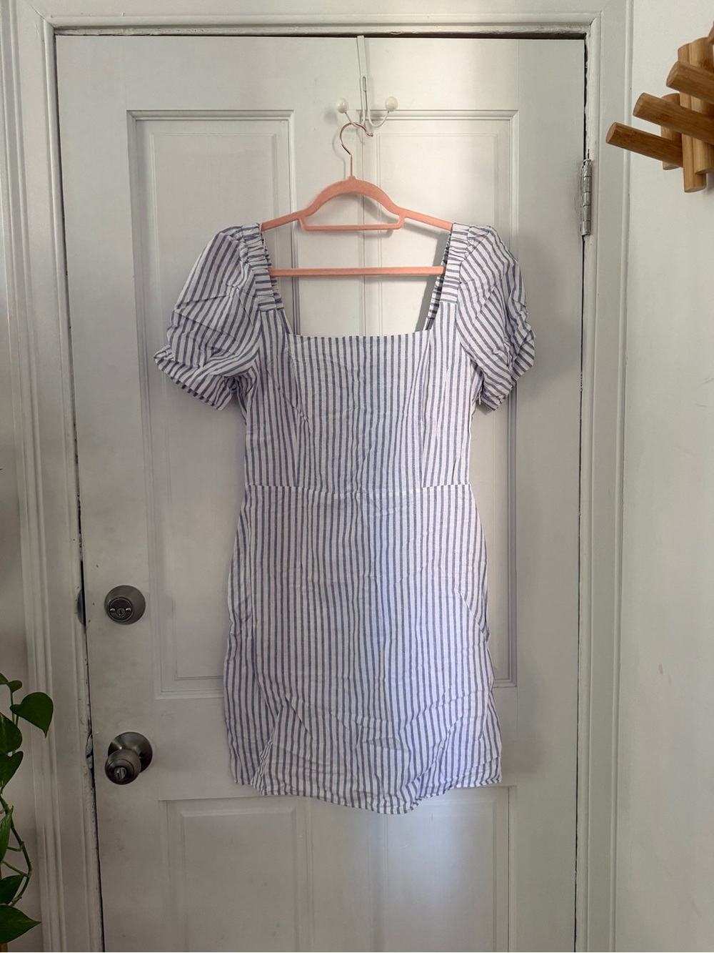 Rebecca Minkoff White and Blue Striped Puff Sleeve Mini Dress